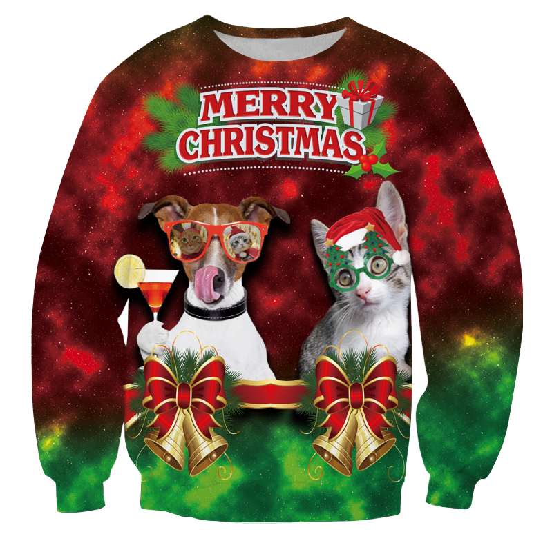 Weihnachtspullover mit Party-Kätzchen und Hund