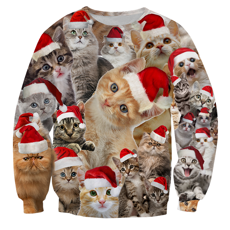 Pull de Noël avec des chats moelleux et des bonnets de Père Noël