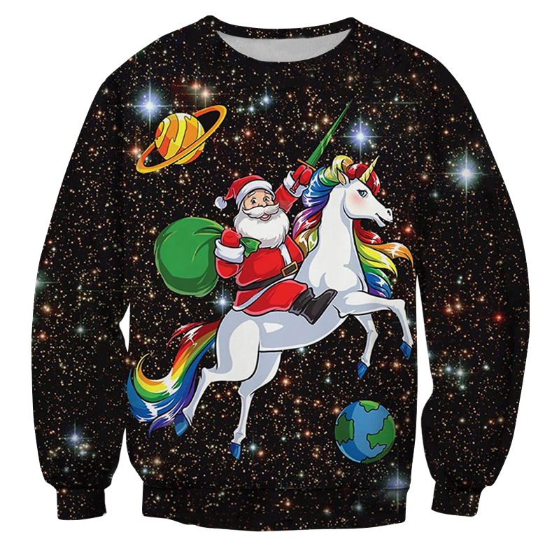 Pull de Noël Père Noël sur une licorne volante dans l'espace