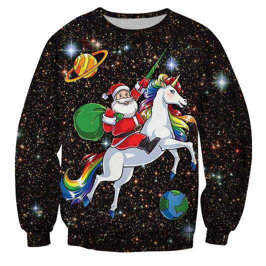 Santa On A Flying Unicorn In Space Xmas Pullover